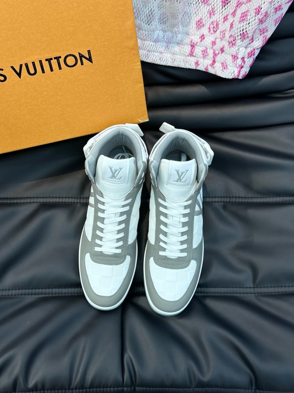 2024 Men Louis Vuitton White Grey Leather Canvas High Top Classic Sneakers MJ00420