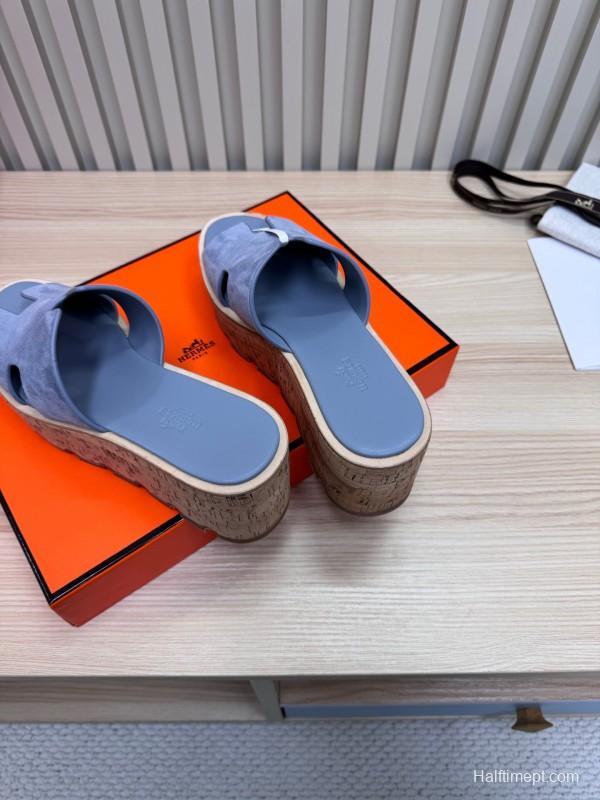 2025 Women Hermès Blue Suede Slippers