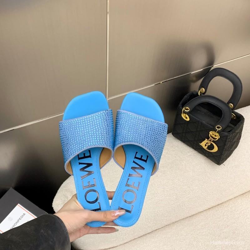 2025 Women Loewe Blue Leather Slide Sandals LY