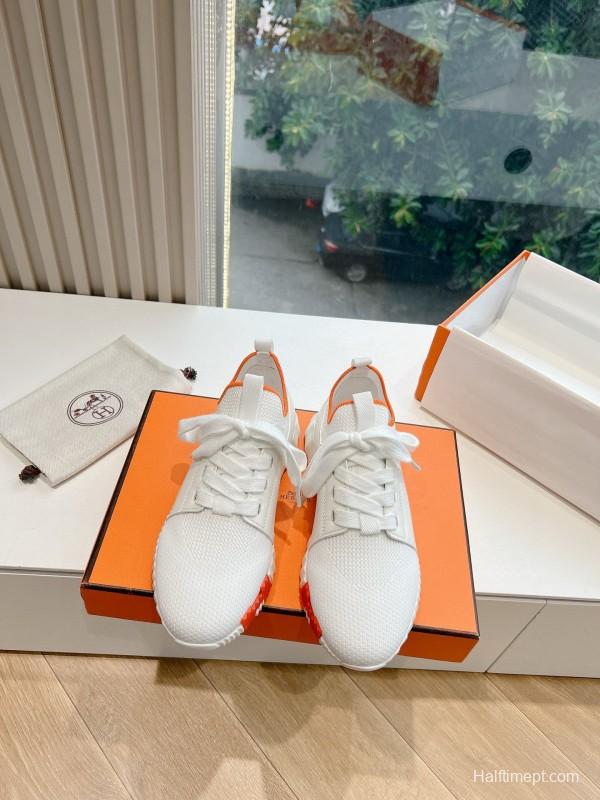 2024 Unisex Hermès white orange knit leather sneakers