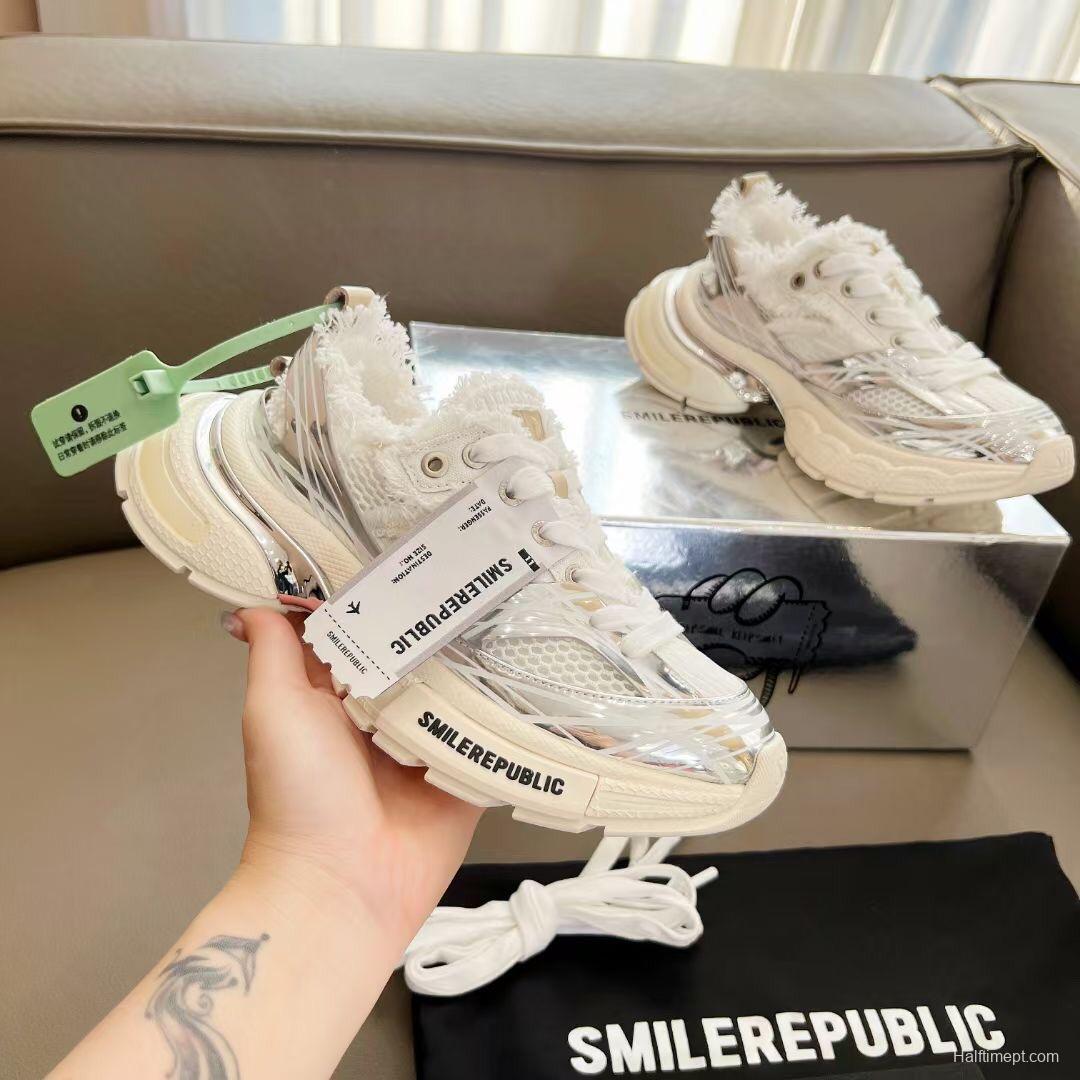 2025 Unisex Smilerepublic White Silver Mesh Leather Fur Sneakers