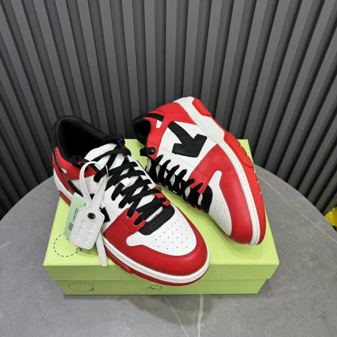 2025 Unisex Off-White Red White Black Leather Sneakers KFY00320
