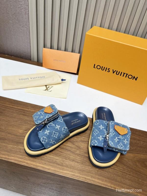 2025 LV Blue Denim Leather Slippers