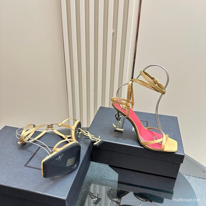 2025 Women Yves Saint Laurent Light Brown Satin High Heel Sandals