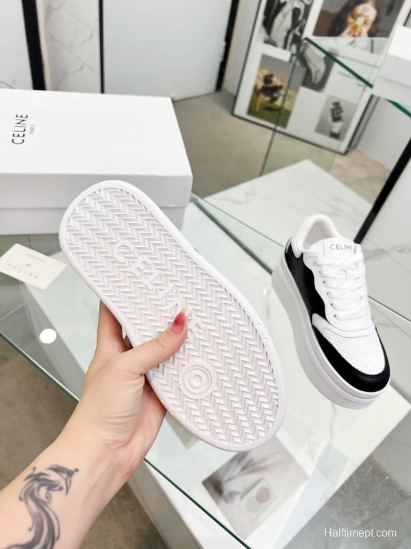 2025 Women Celine Black White Leather Platform Sneakers Block Triomphe LY00270