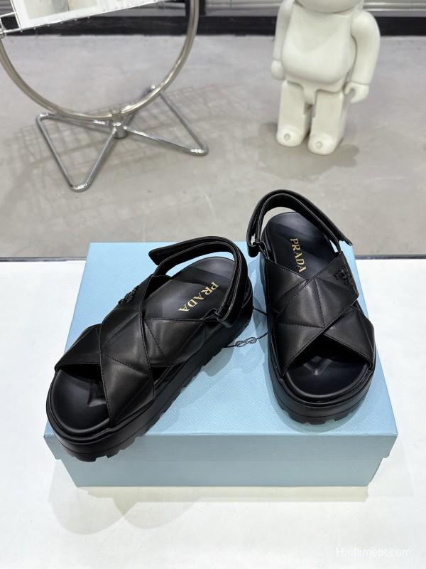 2025 Women Prada Black Leather Sandals