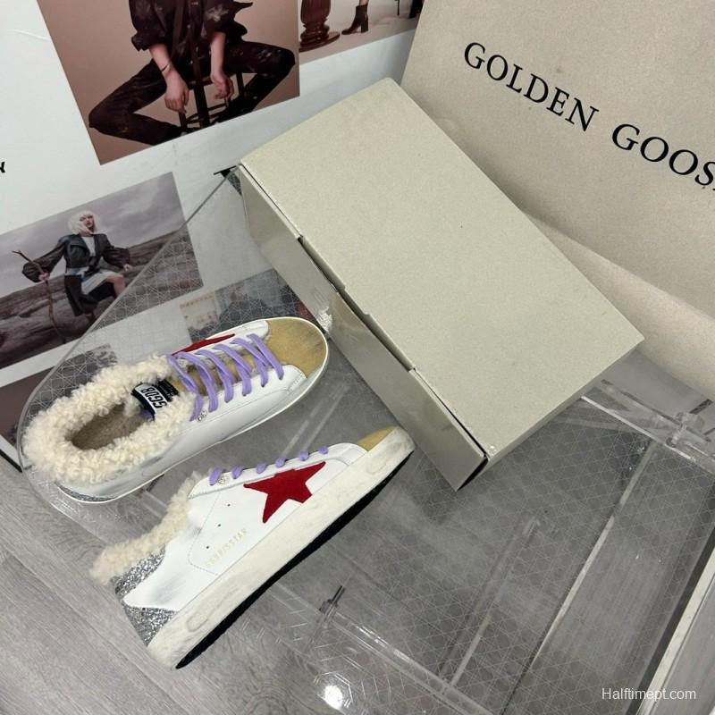 2025 Women GGDB White Red Shearling Leather Sneakers