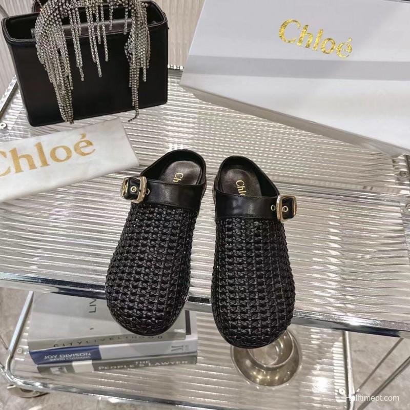 2025 Women Chloé Black Leather Woven Slippers