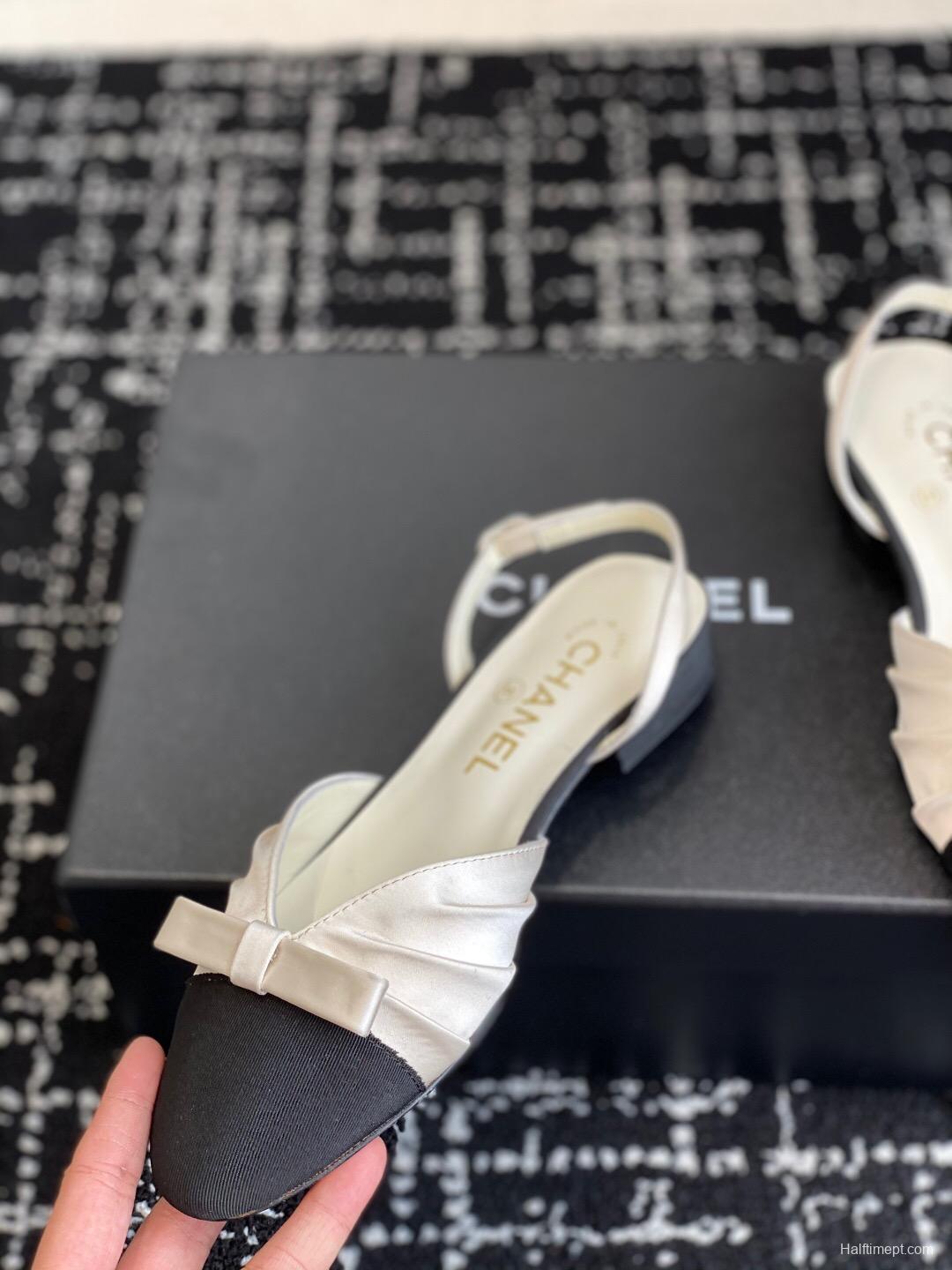 2025 Women Chanel Black Beige Silk Leather Sandals Bow KFY00289