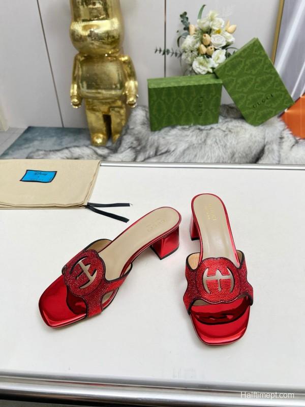 2025 Women Gucci Red Leather Slippers MJ00190