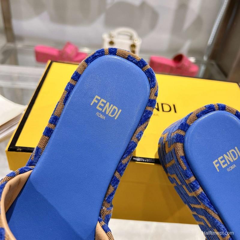 2025 Slippers Fendi Blue Brown Fabric FF Jacquard Platform