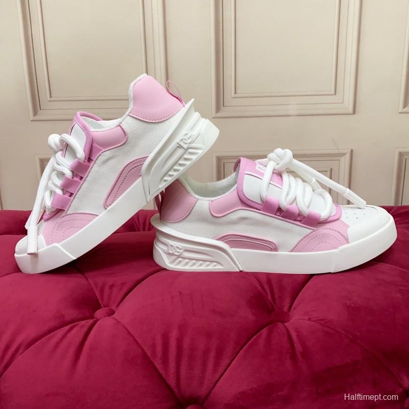 2025 Women Dolce & Gabbana White Pink Leather Mesh Sneakers