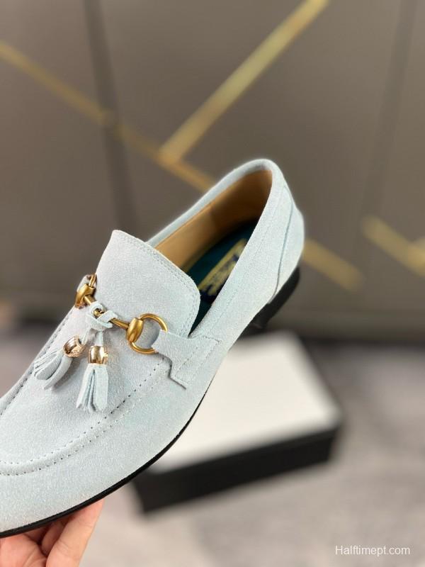 2024 Women Gucci Light Blue Suede Loafers MJ00280
