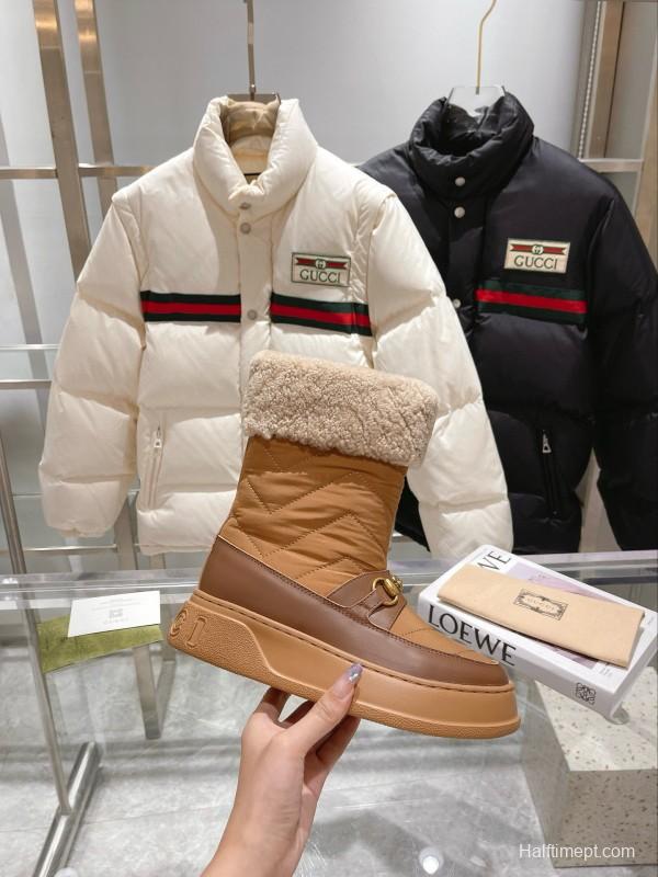 2024 Women Gucci Brown Tan Leather Shearling Lined Snow Boots MJ00420