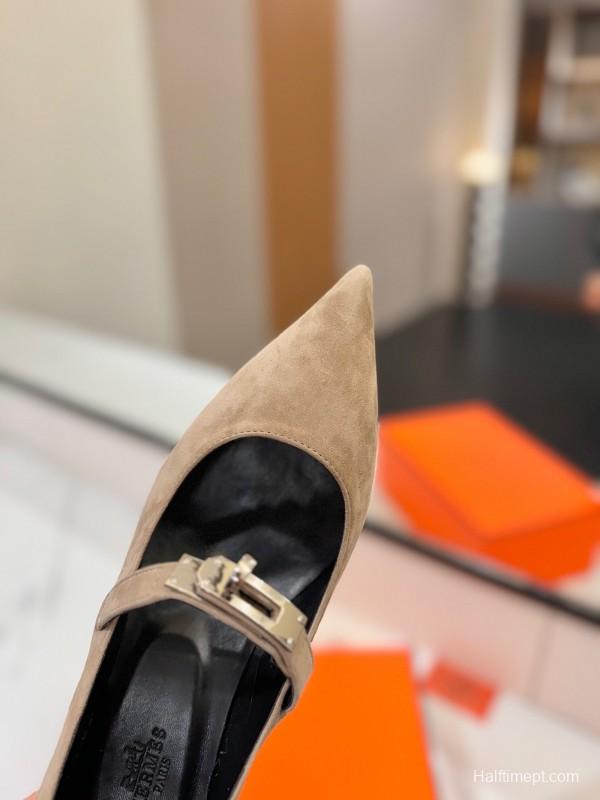 2025 Women Hermès Beige Suede Mary Jane