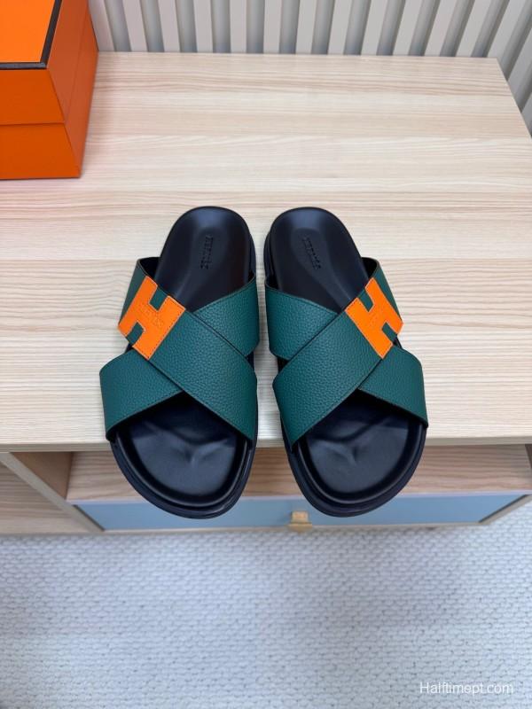 2025 Slippers Hermès Green Orange Leather