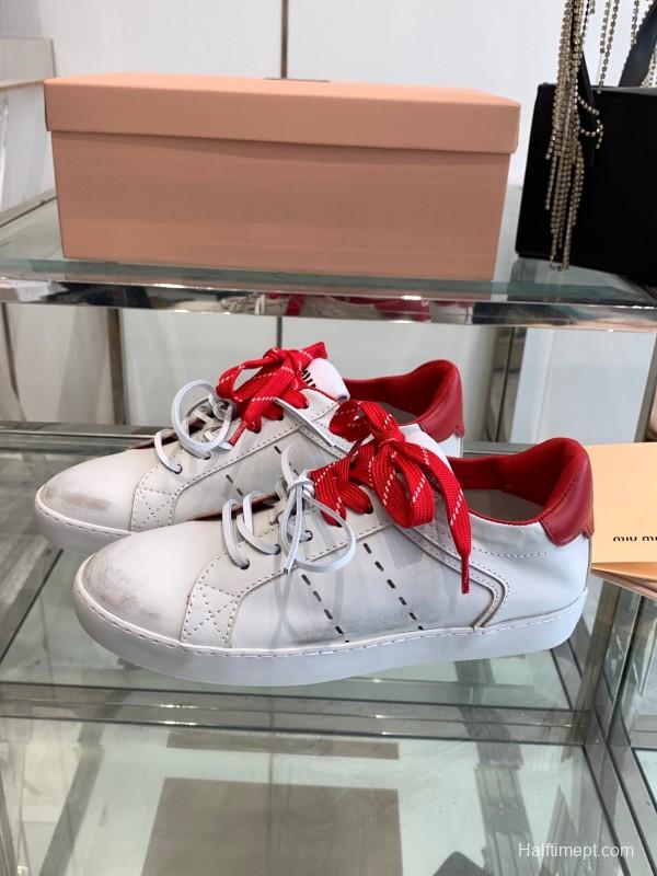 2025 Women Miu Miu White Red Leather Sneakers LY00290