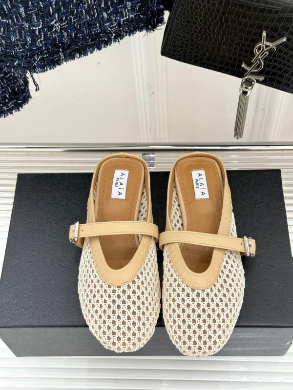 2025 Slippers ALALIA Beige Mesh Leather Flat Buckle