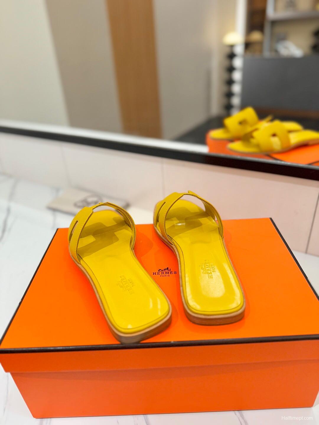 2025 Women Hermès Yellow Leather Slippers