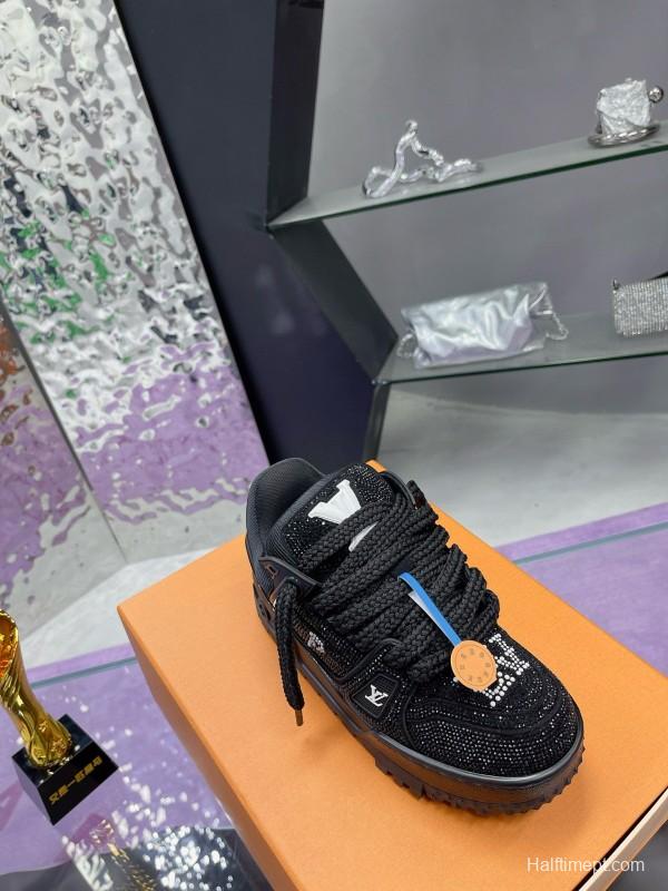 2024 Kids Louis Vuitton Black Rhinestone Fabric LV Trainer