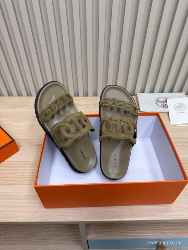 2025 Women Hermès Khaki Suede Slippers