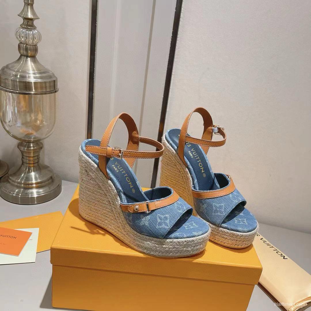 2025 Women Louis Vuitton Blue Denim Leather Espadrilles Sandals MJ00280