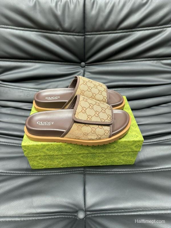 2024 Slippers Gucci Brown Canvas Leather Slippers MJ00200
