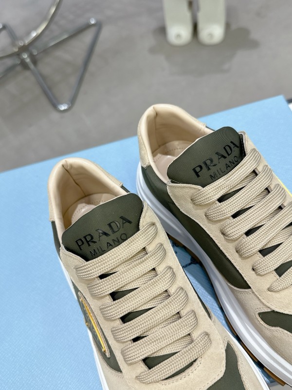 2025 Women Prada Beige Green Nubuck Leather Sneakers KFY00310