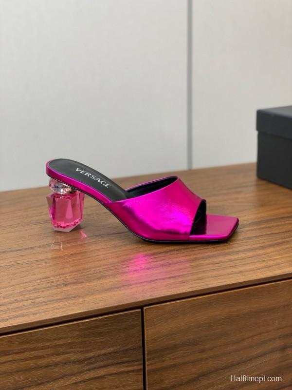 2025 Women VERSACE Pink Leather Slippers