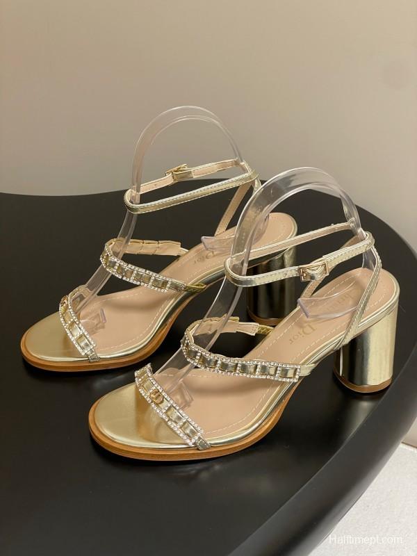2025 Women Dior Gold Leather Crystal Block Heel Sandals