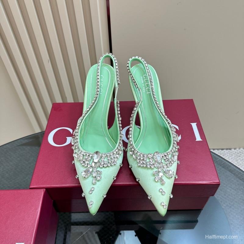 2025 Women Gucci Green Satin Slingback High Heel Crystal Embellished KFY00340