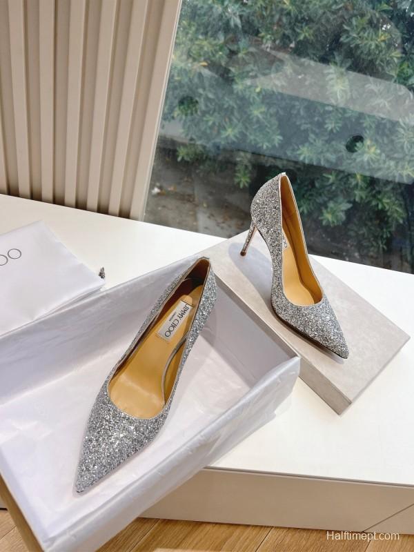2025 Women Jimmy Choo Silver Glitter Leather Pointed Toe Pumps