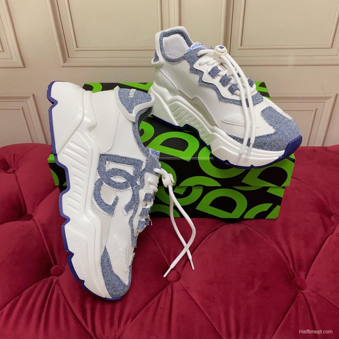 2025 Unisex Dolce & Gabbana White Blue Denim Leather Sneakers LY00330(F)/LY00340(M)