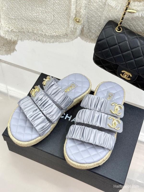 2025 Women Chanel Silver Leather Slippers KFY00230