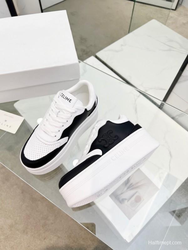 2025 Women CELINE Black White Leather Sneakers KFY00270