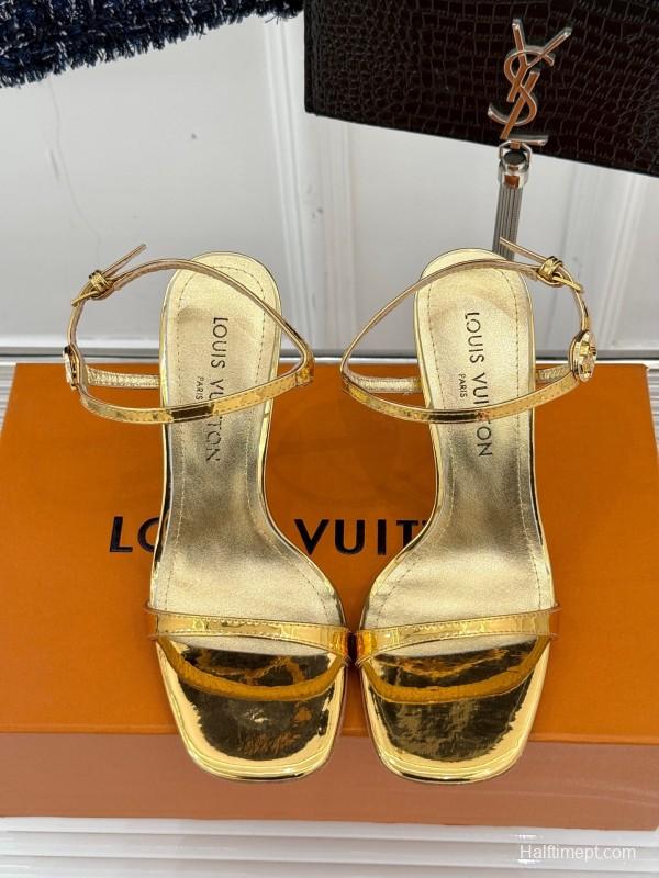 2025 Women Louis Vuitton Gold Leather Sandals