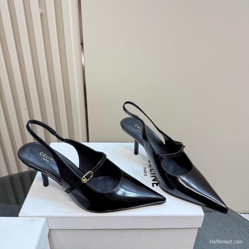2025 Women Celine Black Patent Leather Slingback Pointed Toe Heels KFY00310