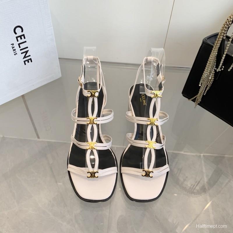 2025 Women CELINE White Leather Sandals Metal Detail KFY00300