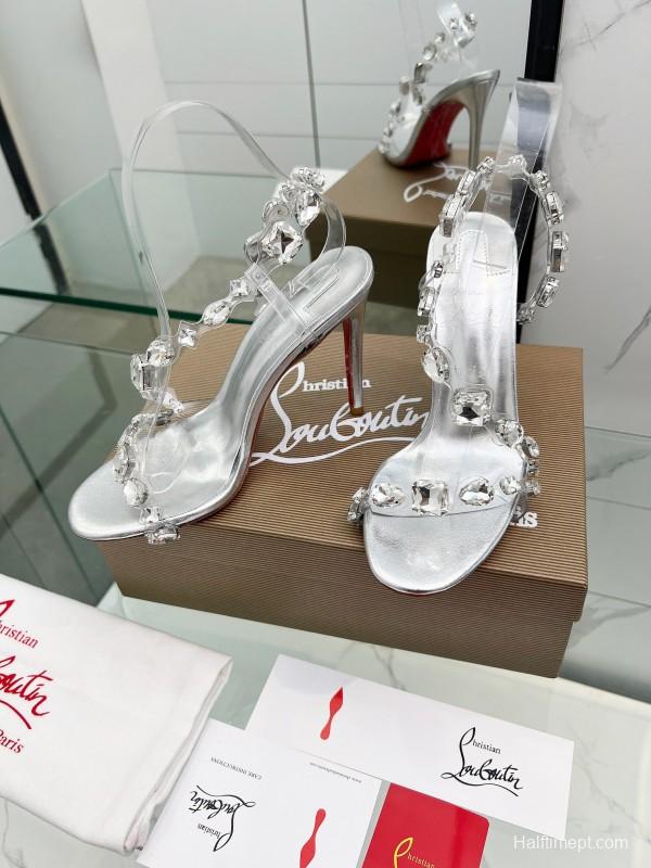 2025 Women Christian Louboutin Silver PVC Crystal High Heel Sandals LY00300