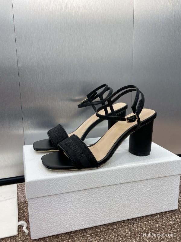 2025 Women Dior Black Leather Fabric Sandals
