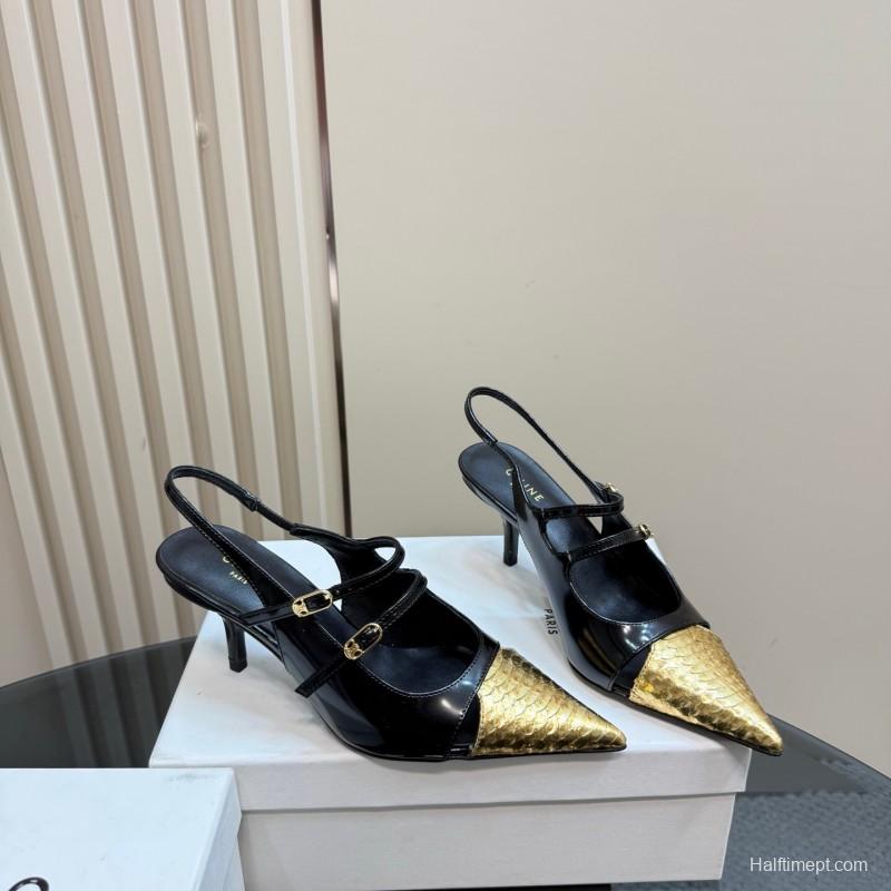 2025 Women CELIN* Black Gold Leather Pointed Toe Slingback Heels