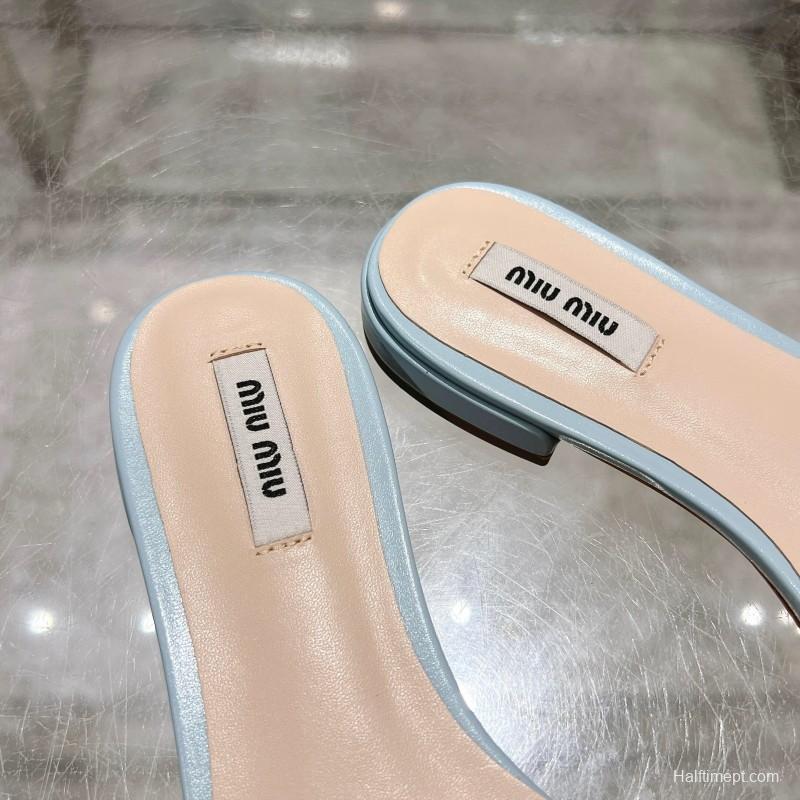 2025 Women Miu Miu Light Blue Leather Slippers