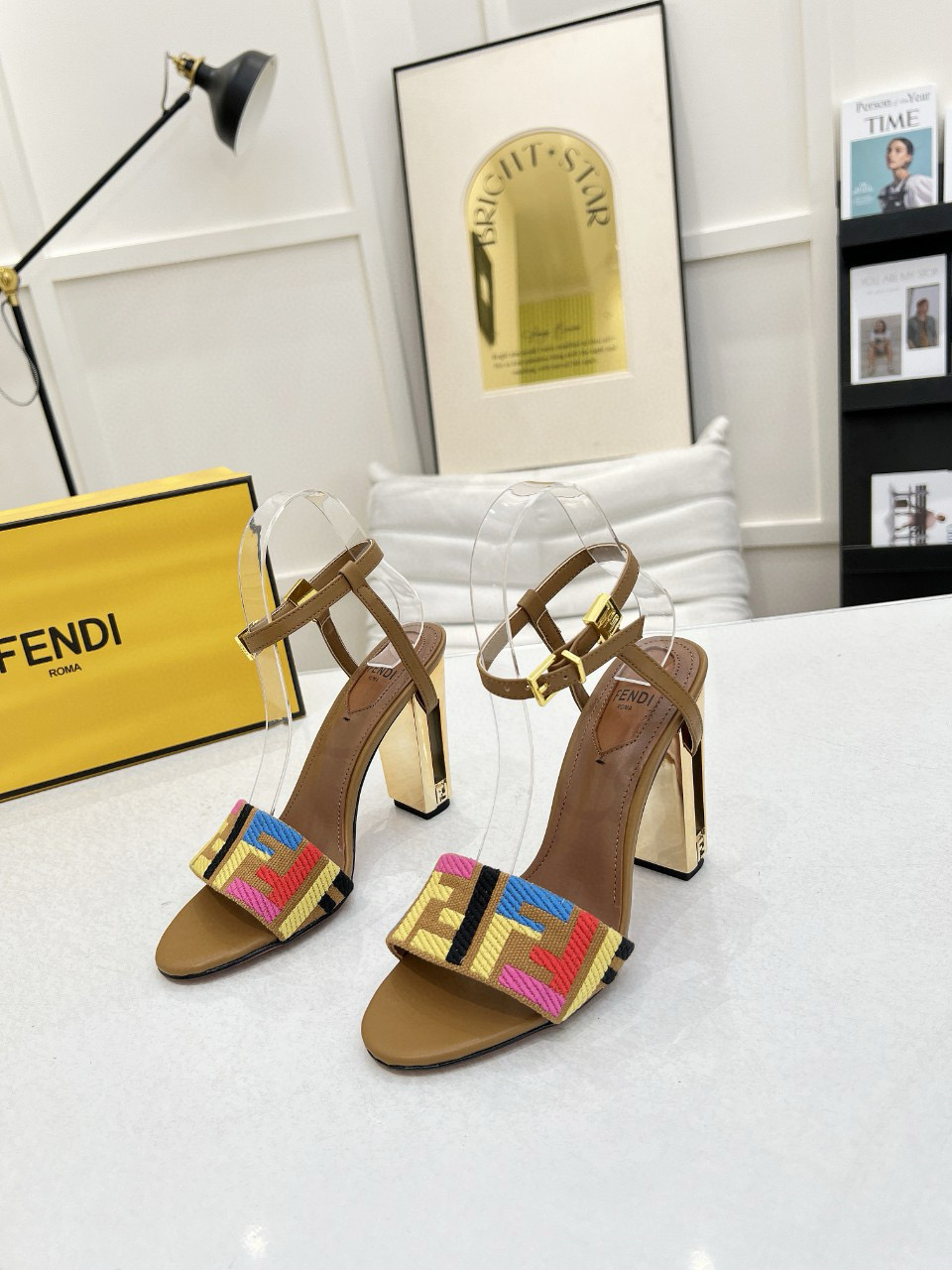 2025 Women Fendi Brown Multicolor Leather High Heel Sandals MJ00280