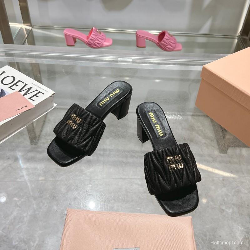 2025 Women Miu Miu Black Leather Sandals
