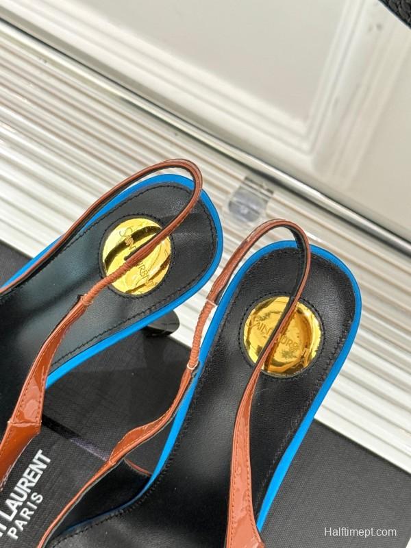 2025 Women Yves Saint Laurent Brown Patent Leather Slingback Heels KFY00290
