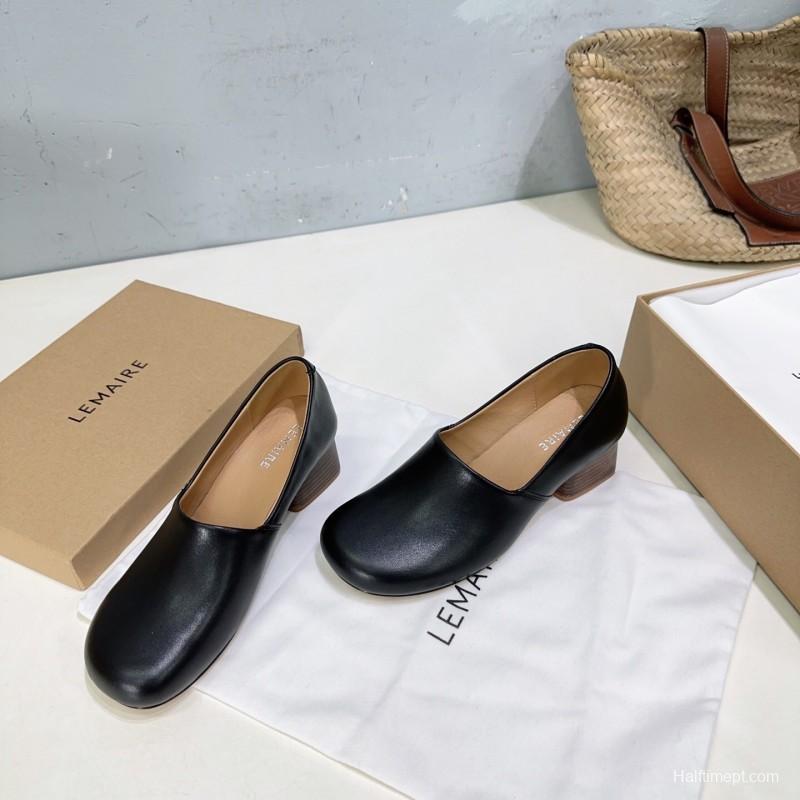 2025 Women LEMAIRE Black Leather Block Heel Shoes