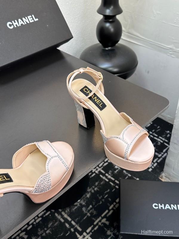 2025 Women Chanel Pink Satin Rhinestone Platform Sandals KFY00320