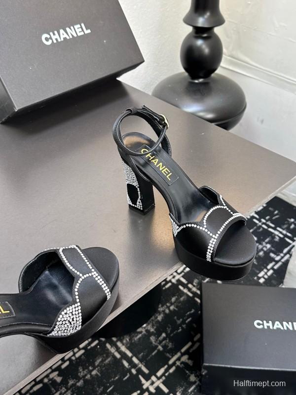 2025 Women Chanel Black Fabric Leather Rhinestone Platform Sandals KFY00320