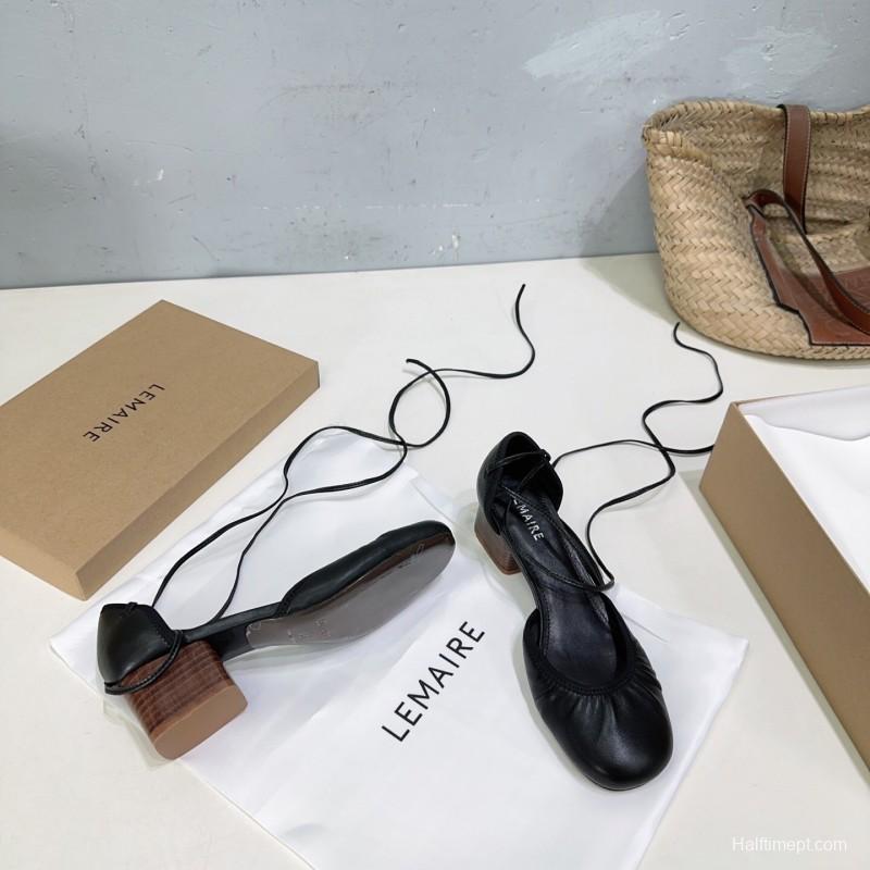 2025 Women LEMAIRE Black Leather Mary Jane Lace-up Shoes