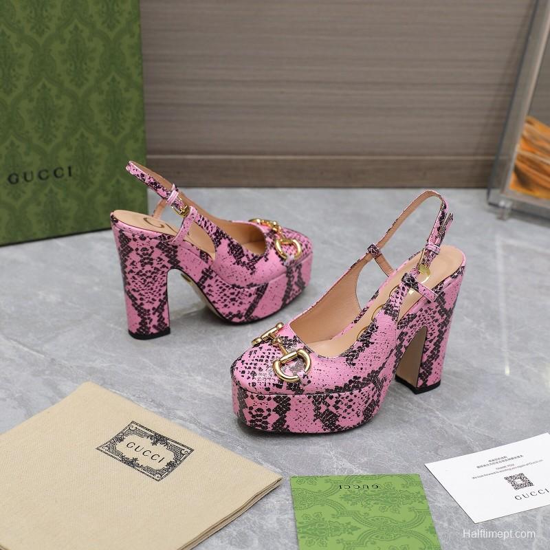 2025 Women Gucci Pink Black Leather Platform High Heels KFY00320